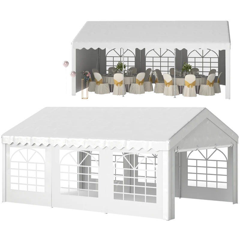 Outsunny Carpa para Fiesta Cochera Gazebo 6x4m Pergola Cenador Pabellón 4 Paneles Laterales Ventanas Anti-UV para Eventos Bodas Acero PE Blanco