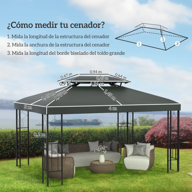Outsunny Toldo de Repuesto 4x3 m con Techo Doble para Cenador con Orificios de Drenaje Solo Toldo NO Incluye Marco Gris Oscuro