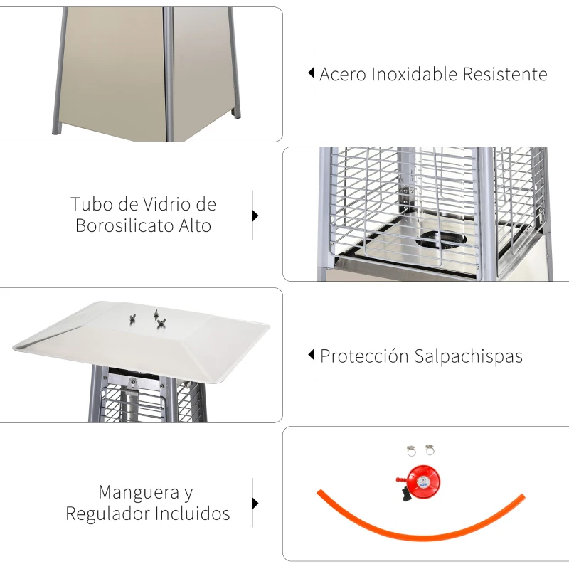 Outsunny Estufa de Gas para Exterior Pirámide 10500 W Calefactor para Patio de Propano Acero Inoxidable con Funda Protectora Regulador Manguera Sistema Anti-Vuelco y Ruedas 10 m² Plata