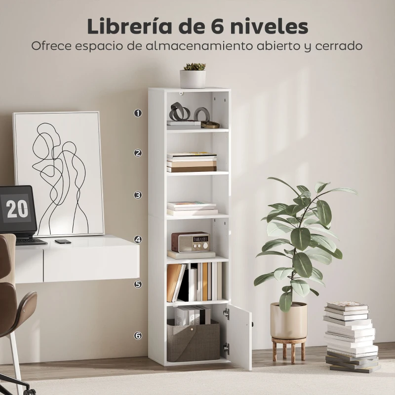 HOMCOM Librería de 5 Niveles Estantería para Libros Moderna con Estantes Abiertos y Puerta 40x30x156 cm Blanco
