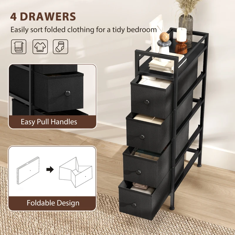 HOMCOM 4 Drawer Fabric Dresser Chest of Drawers, Slim Storage Cabinet with Steel Frame for Small Spaces, Bedroom, Black