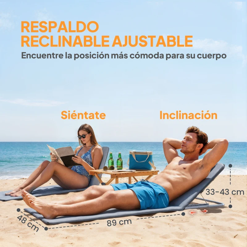Outsunny Conjunto de 2 Esterillas con Respaldo Reclinable en 5 Niveles Reposacabezas y Bolsa de Transporte 134x48x33-43 cm Gris