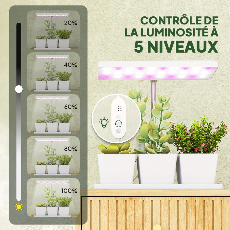 Outsunny Lampe de croissance 10W lampe plante de culture LED à spectre complet avec 3 bacs à fleurs, 31,8 x 13,4 x 35,6 cm, blanc