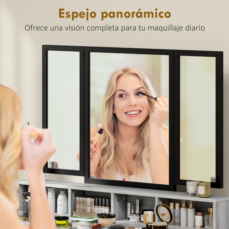 HOMCOM Tocador de Maquillaje con Espejo Tríptico Desmontable Taburete 3 Cajones de Tela Soporte para Secador de Pelo Gris