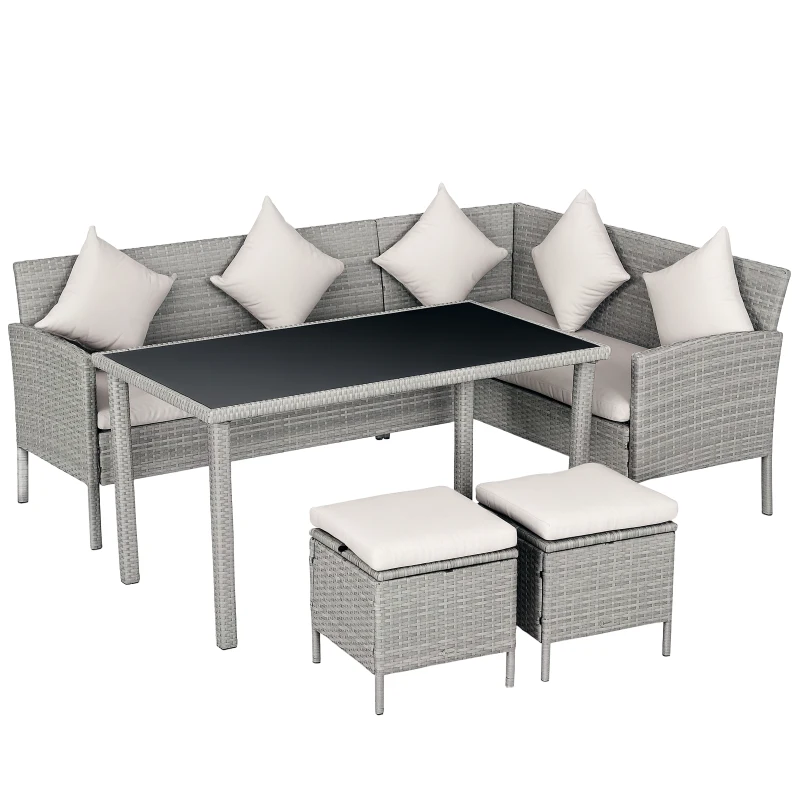 Outsunny 6-Seater Rattan Dining Set Sofa Table Footstool Outdoor w/ Cushion Garden Furniture