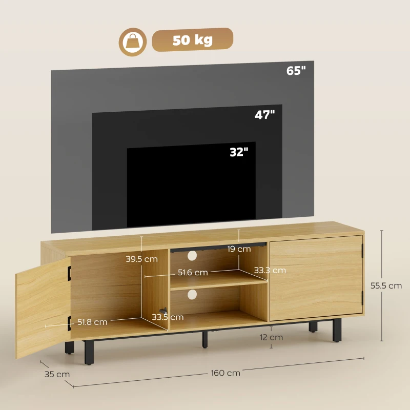 HOMCOM Mobile TV, per televisori fino a 165,1 cm, 2 ante ad apertura a pressione e 2 ripiani, 160x35x55,5cm, Legno naturale
