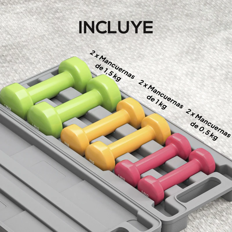 HOMCOM Juego de 6 Mancuernas Hexagonales de 1,5kg 1kg y 0,5kg con Revestimiento de Neopreno con Maletín 43x18x7,5 cm Multicolor