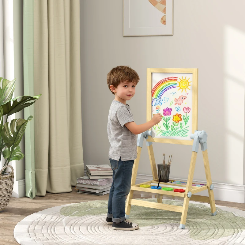 AIYAPLAY Tableau enfant à double face, tableau noir réglable en hauteur et tableau blanc magnétique, 48,5x46,5x70-97cm, naturel