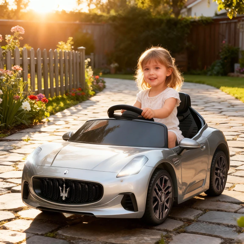 AIYAPLAY 12V Maserati Gran Turismo Folgore Lincesed Kids Electric Car with Remote Control, Soft Start, Grey