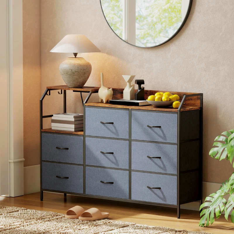 HOMCOM Chest of Eight Drawers, with Charging Station - Brown/Black