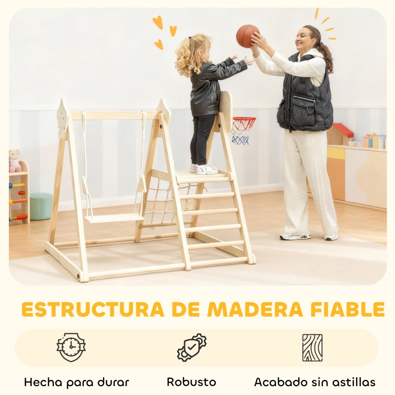 AIYAPLAY Tobogán Infantil 5 en 1 Estructura de Escalada con Tobogán Columpio Aro de Baloncesto Tabla Red de Escalada Natural
