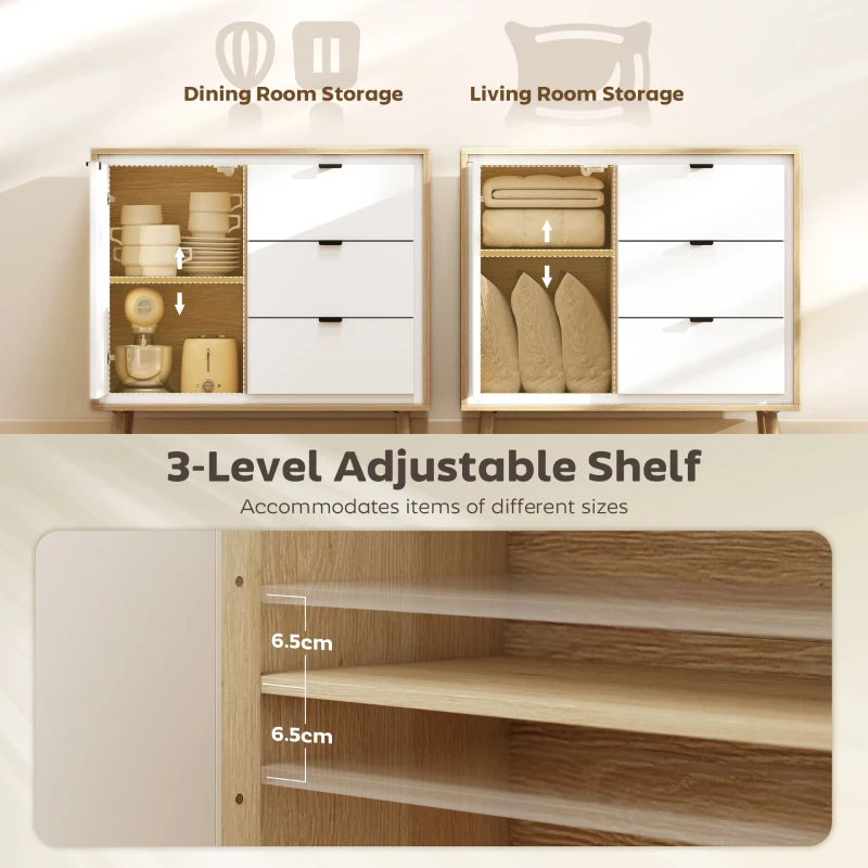 HOMCOM Credență de bucătărie cu 3 sertare și dulap Alb lucios și stejar