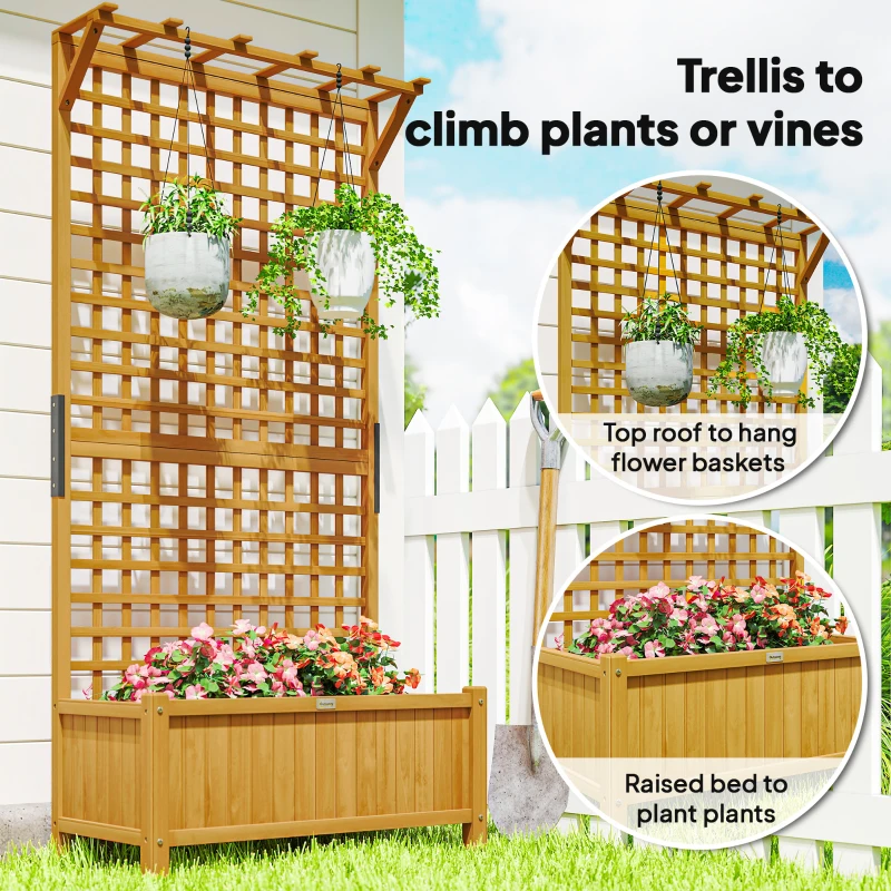 Outsunny Raised Bed with Drainage Holes, Wood Planter with Trellis for Climbing Plants to Grow Vegetables, Flowers, Yellow