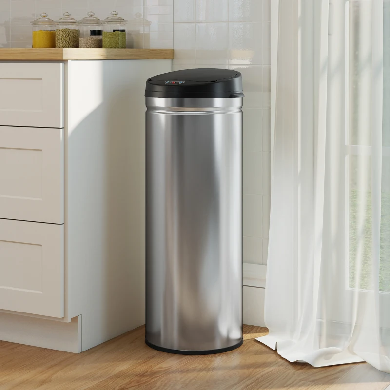 HOMCOM 50 Liter Sensor-Prullenbak met Soft-Close-Functie, contactloze Vuilnisbak van Roestvrij Staal voor hygiënische Keukens, Kantoren, Zilverkleurig(m-10)