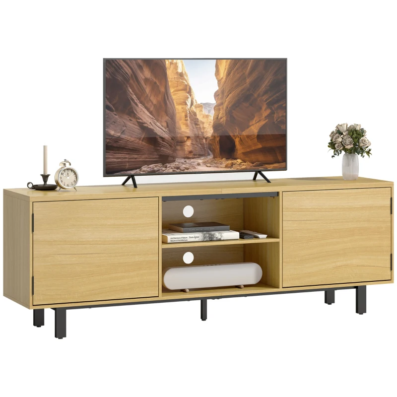 HOMCOM Mueble TV, mueble para televisor hasta 165,1 cm, 2 puertas de apertura por presión y 2 estantes, 160x35x55,5cm, madera natural