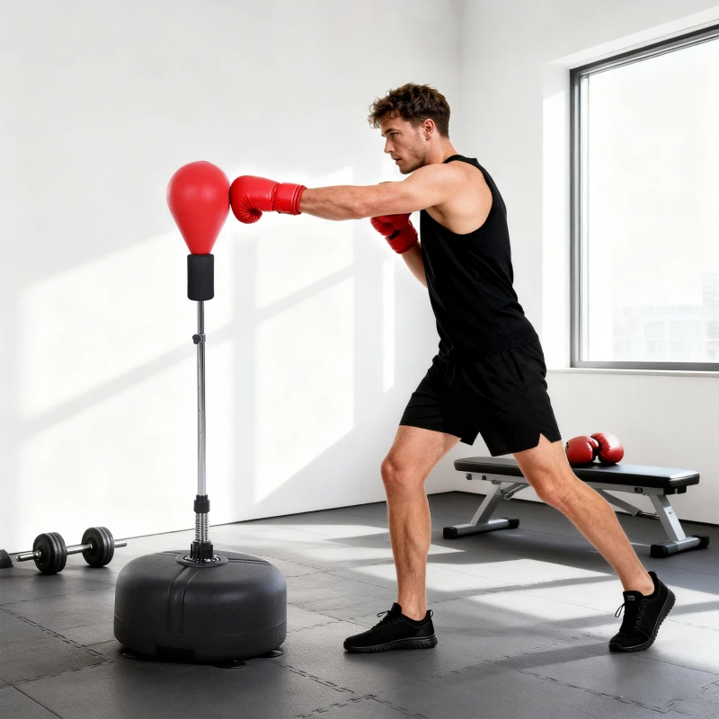 HOMCOM Punching Ball con Altura Ajustable en 136-154 cm y Base Rellenable Soporte y Guantes para Adultos y Adolescentes Rojo