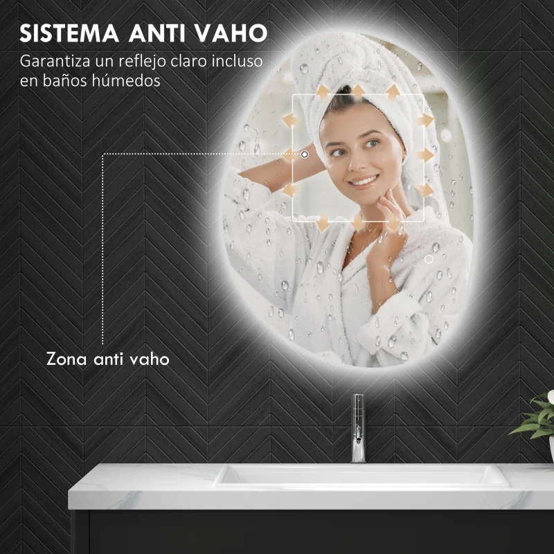 HOMCOM Espejo de Baño con Luz LED 70x50 cm 3 Colores de Luz Brillo Regulable Función Antivaho Función de Memoria IP44