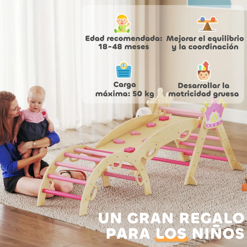 AIYAPLAY 8 en 1 Triángulo de Escalada de Madera Estructura de Escalada Montessori Tema de Corona con Arco y Rampa Rosa