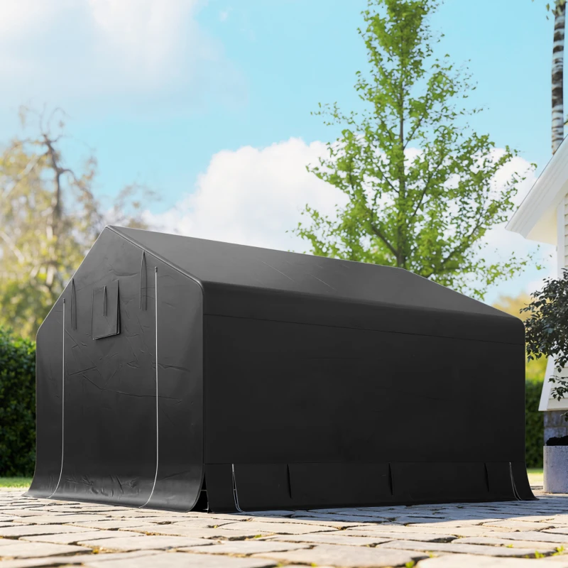 Outsunny Abrigo de jardim portátil, tenda para bicicletas, porta enrolável com fecho de correr, estrutura metálica, armazenamento versátil, cinza escuro