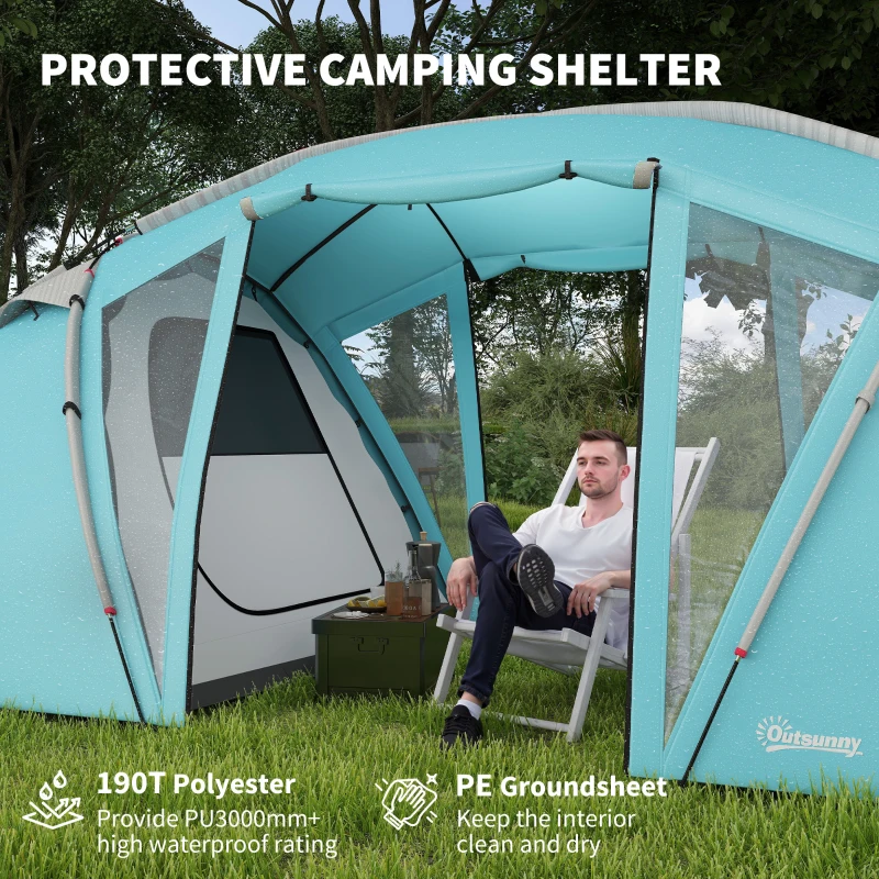 Outsunny 4-6 Man Family Camping Tent w/ 2 Bedrooms and a Living Room, Waterproof Tunnel Tent w/ Sewn In Groundsheet, Doors, Windows, Carry Bag, Blue
