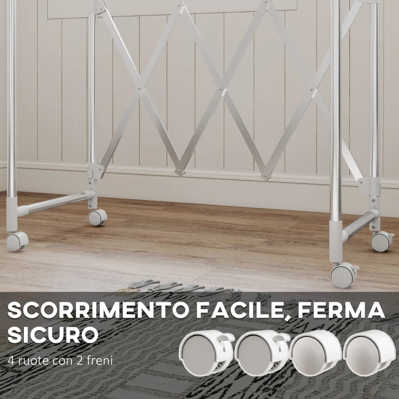 HOMCOM Stendibiancheria Pieghevole con 3 Barre Regolabili, Ruote Girevoli e Struttura in Acciaio Inox, Argento