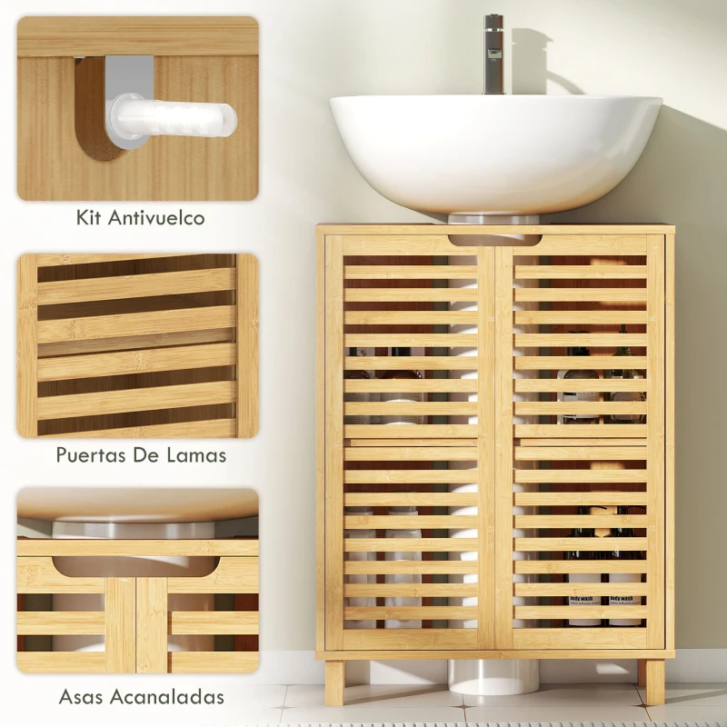 HOMCOM Mueble Bajo Lavabo de Bambú con 2 Puertas de Lamas Estante Ajustable para Lavabos con o sin Pedestal Natural