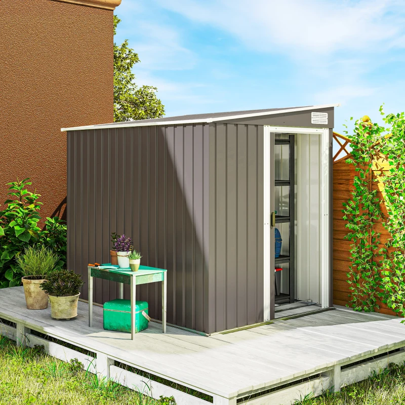 Outsunny Capanno Attrezzi in Metallo 1.5x2m con Base, Porta Scorrevole e Tetto Inclinato, Grigio Chiaro