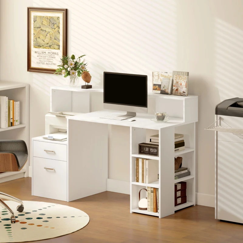 HOMCOM Bureau informatique, bureau avec rangement, 2 tiroirs, étagères ouvertes et tablette d'imprimante, 137x55x92cm, blanc