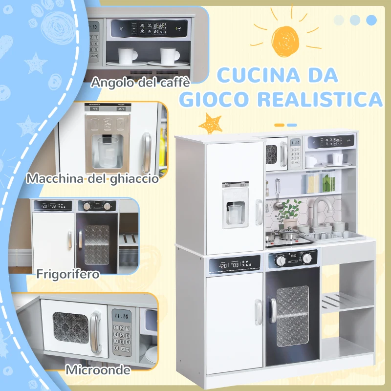 AIYAPLAY Set Cucina Giocattolo in Legno con Fornello con Luci e Suoni, Lavello con Circolo d'Acqua e Accessori, Bianco