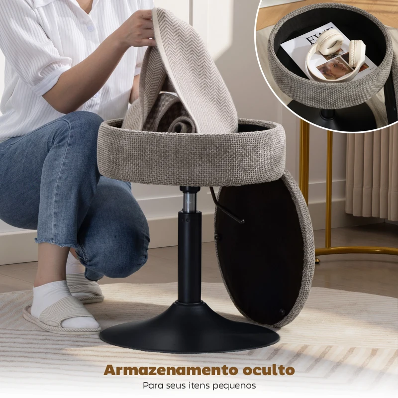 HOMCOM Banco de Bar com Armazenamento Altura Ajustável Giratório Estofado em Chenilla 39x39x49-65 cm Cinzento