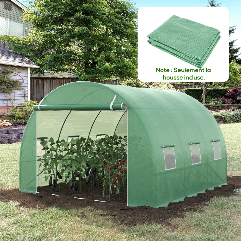 Outsunny Bâche de Rechange Serre Tunnel 9 m², bâche 3 x 3 x 2 m PE Anti-UV imperméable 6 fenêtres + Porte Enroulable zippée Vert foncé