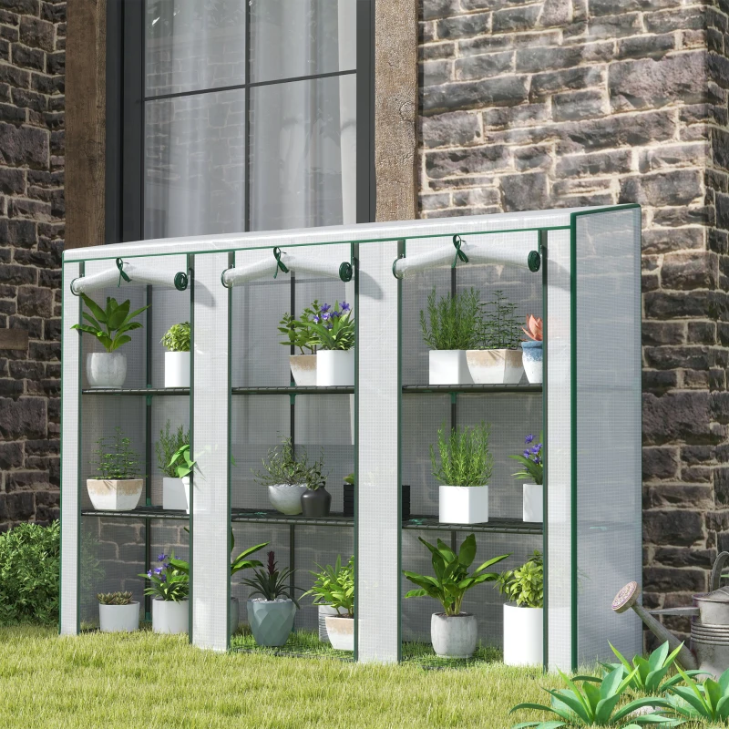 Outsunny Seră de grădină cu rafturi pe 3 niveluri seră pentru balcon 3 uși rulabile cu fermoar 215 x 46 x 151 cm alb