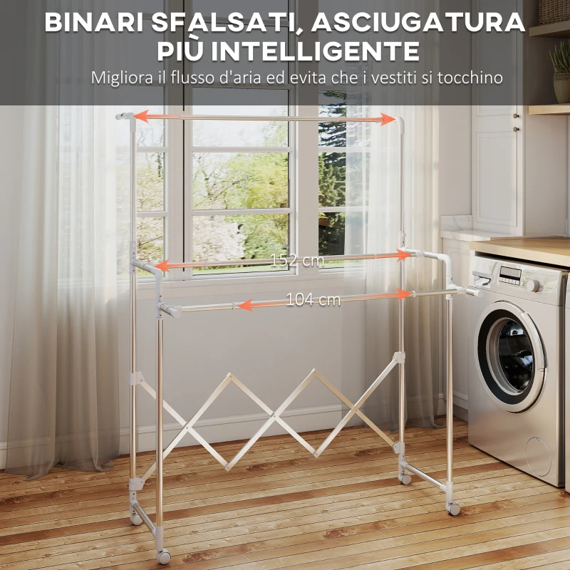 HOMCOM Stendibiancheria Pieghevole con 3 Barre Regolabili, Ruote Girevoli e Struttura in Acciaio Inox, Argento
