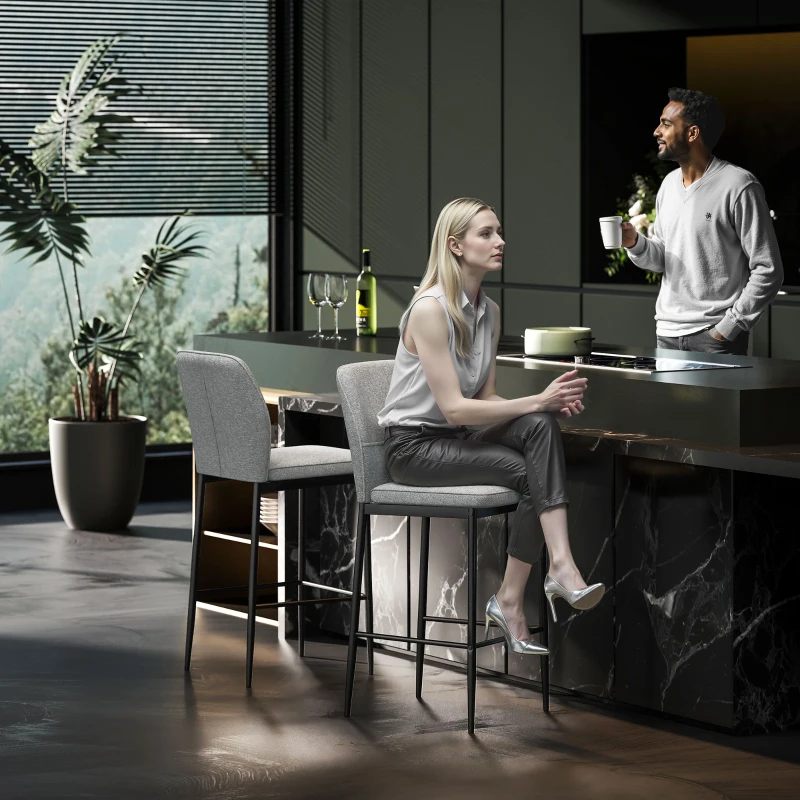 HOMCOM Set 2 Sgabelli Bar in Velluto Moderni con Poggiapiedi e Schienale, 41x52x97 cm, Grigio