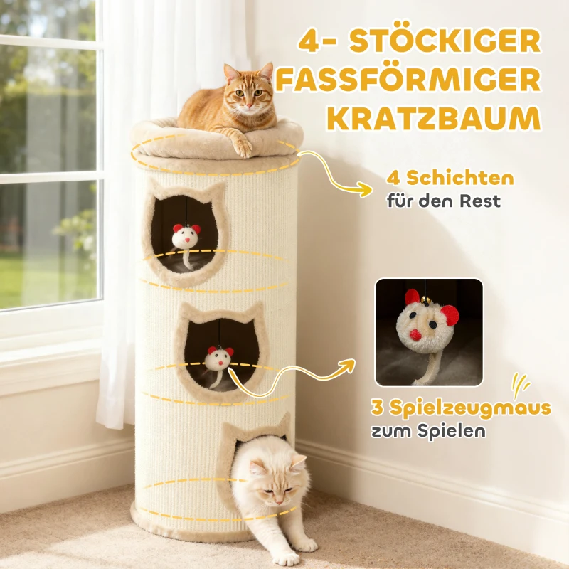 PawHut Katzenkratzfass, 96 cm, 4-Ebenen-Katzenturm mit waschbarem Bett, 3 Schlafhöhlen, Hängespielzeug, für mehrere Katzen Grau