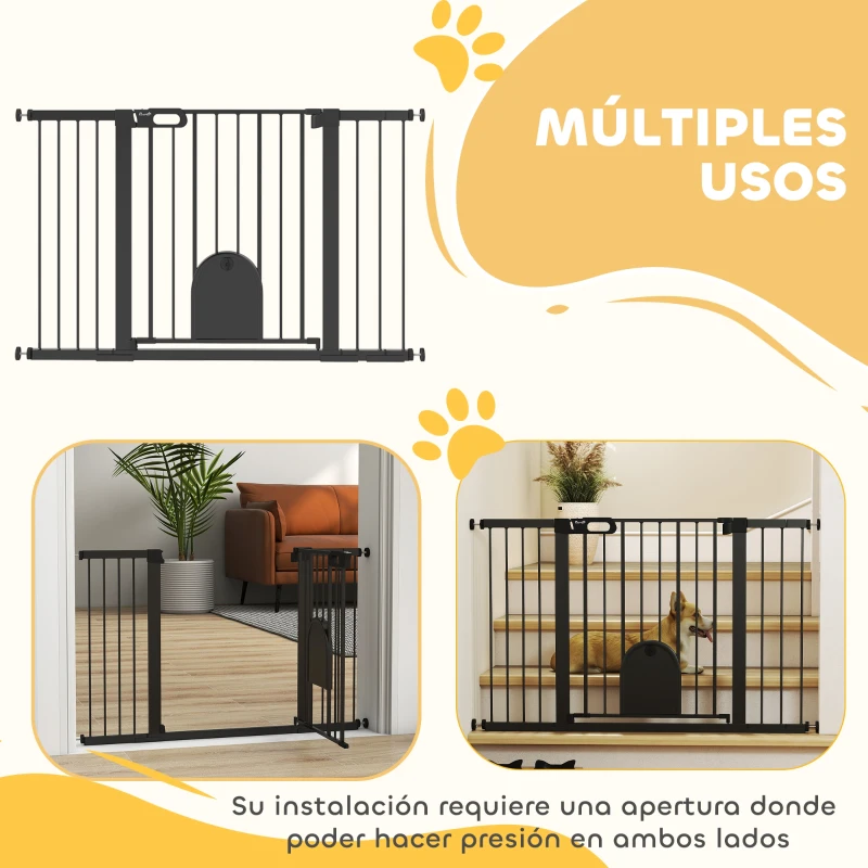 PawHut Barrera de Seguridad para Perros con Puerta Pequeña para Escaleras y Puertas 75-131 cm con 3 Extensiones Negro