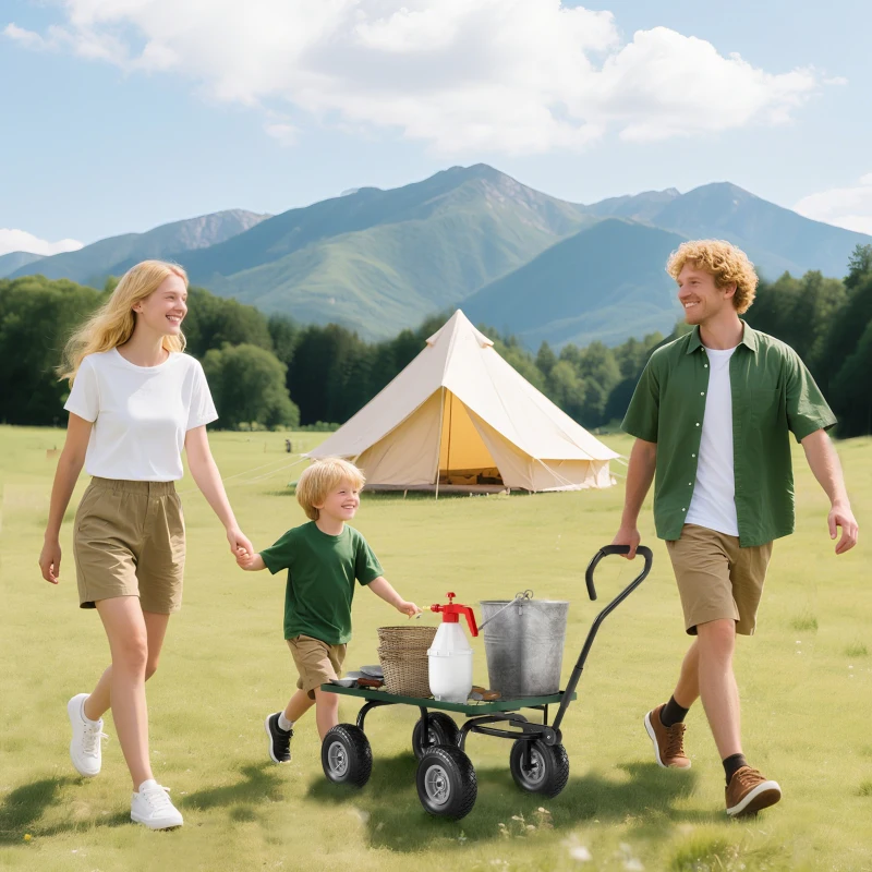 Outsunny Garden Trolley Cart, Heavy Duty Garden Cart with Metal Frame, 10" Pneumatic Wheels, Rotating Handle, 150kg Capacity, for Garden, Farm, Green