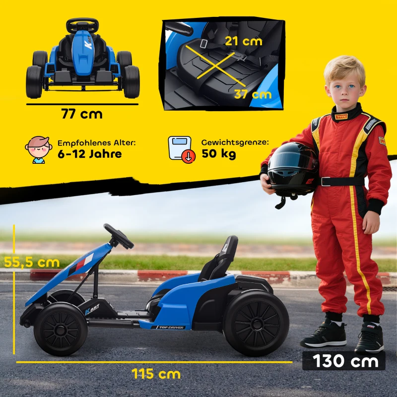AIYAPLAY 24V Elektrisches Go-Kart, Drift-Modus, verstellbarer Sitz, 5-Punkt-Sicherheitsgurt, Musikfunktion, Hupe, 6-12 Jahre Blau