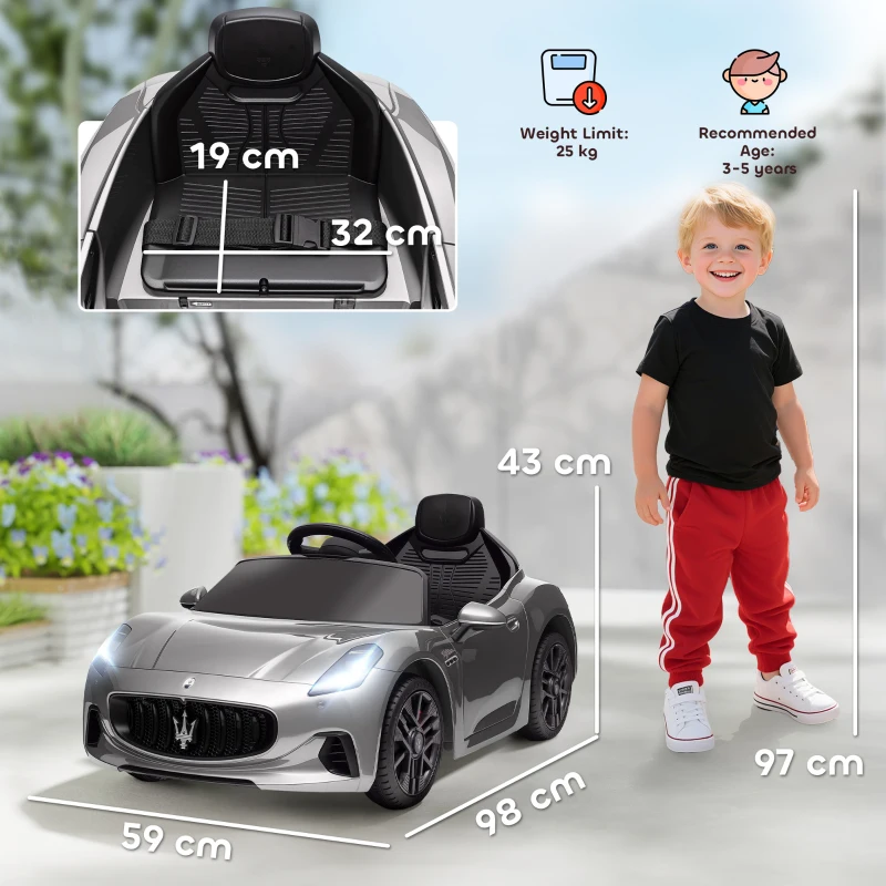 AIYAPLAY 12V Maserati Gran Turismo Folgore Lincesed Kids Electric Car with Remote Control, Soft Start, Grey