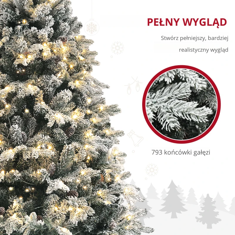 HOMCOM Sztuczna Choinka, 180 cm, LED, Pokryta Śniegiem, Ognioodporna, Metalowa Podstawa