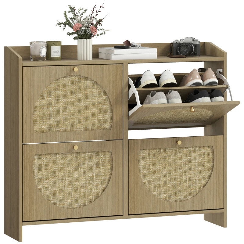 HOMCOM Zapatero Estrecho con 4 Puertas de Ratán con Estantes Ajustables para 16 Pares de Zapatos 104,5x24x88 cm Natural