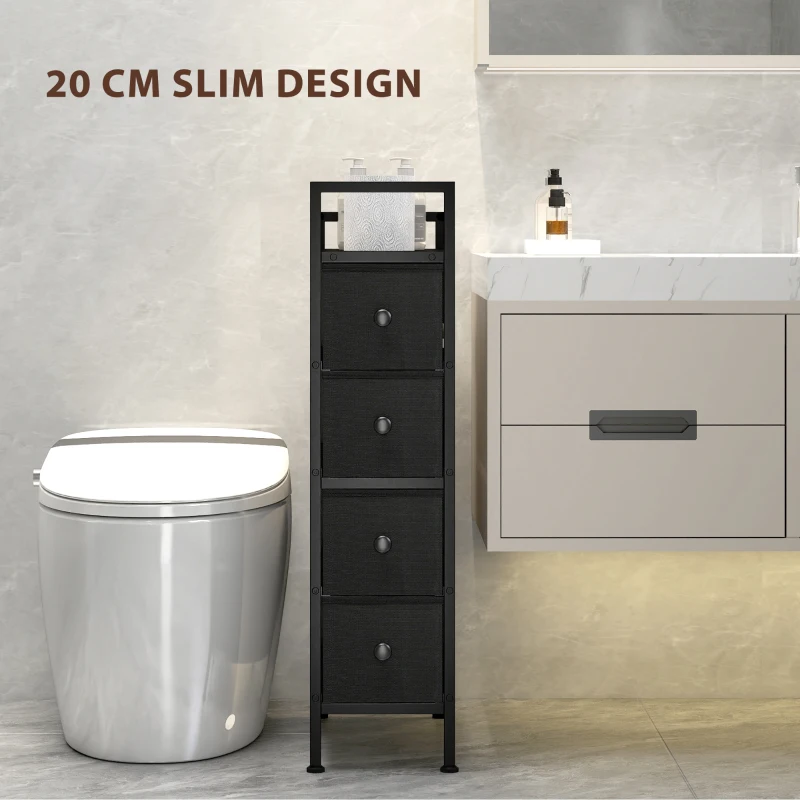 HOMCOM 4 Drawer Fabric Dresser Chest of Drawers, Slim Storage Cabinet with Steel Frame for Small Spaces, Bedroom, Black