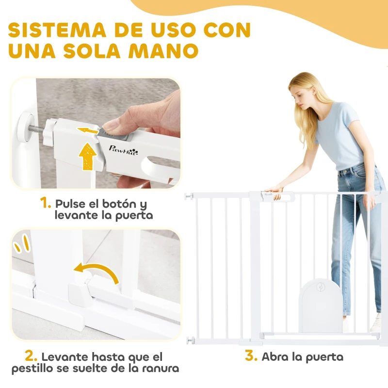 PawHut Barrera de Seguridad para Perros con Puerta Pequeña para Escaleras y Puertas 75-131 cm con 3 Extensiones Blanco