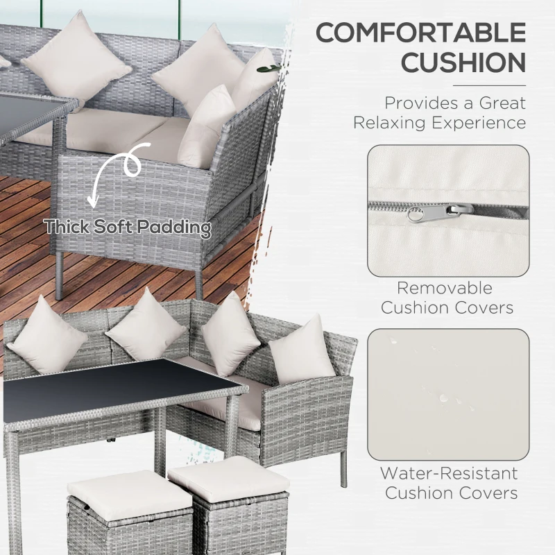Outsunny 6-Seater Rattan Dining Set Sofa Table Footstool Outdoor w/ Cushion Garden Furniture