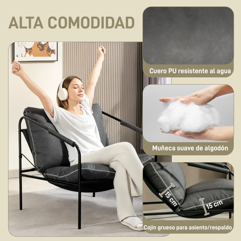 HOMCOM Butaca de Salón Moderna Sillón de Lectura Tapizado en Cuero Sintético Fundas de Cojines Extraíbles Gris Carbón