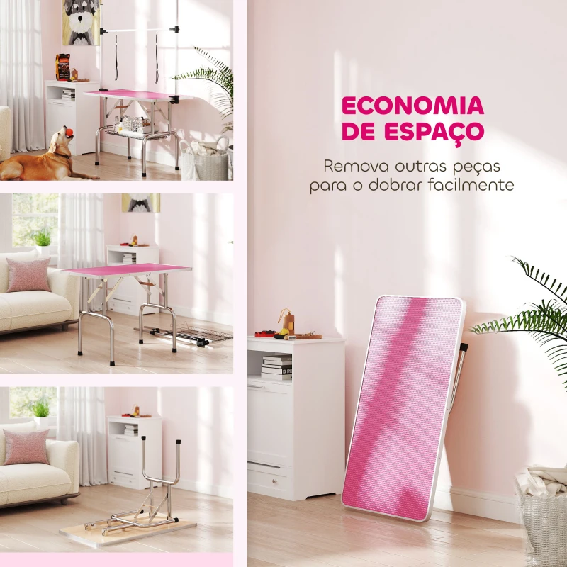PawHut Mesa de Tosquia para Cães Dobrável Mesa de Higiene com Prateleira Metálica Superfície Antiderrapante 107x60x164 cm, Rosa