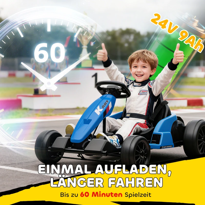 AIYAPLAY 24V Elektrisches Go-Kart, Drift-Modus, verstellbarer Sitz, 5-Punkt-Sicherheitsgurt, Musikfunktion, Hupe, 6-12 Jahre Blau