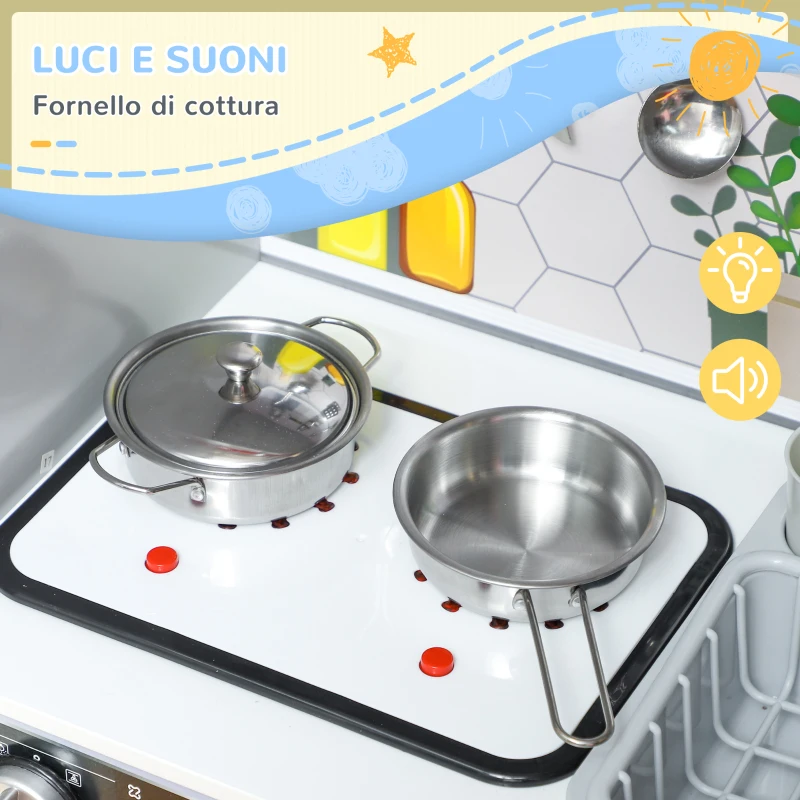 AIYAPLAY Set Cucina Giocattolo in Legno con Fornello con Luci e Suoni, Lavello con Circolo d'Acqua e Accessori, Bianco