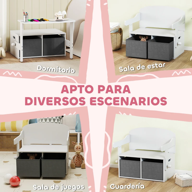AIYAPLAY Banco Infantil Convertible 3 en 1 Juego de Mesa y Silla Baúl de Juguetes con Cubos de Tela Extraíbles Blanco