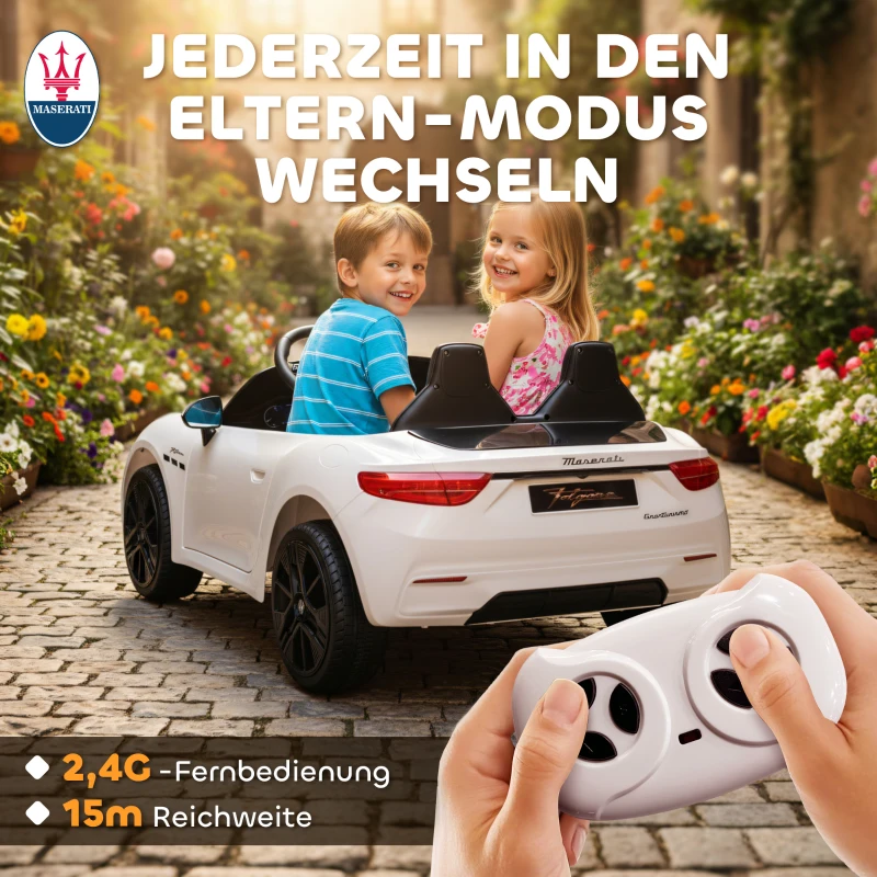 AIYAPLAY Maserati Elektroauto für Kinder, 2-Sitzer, 12V Batteriebetrieb, Fernbedienung, LED-Lichter, Musikfunktion, Weiß